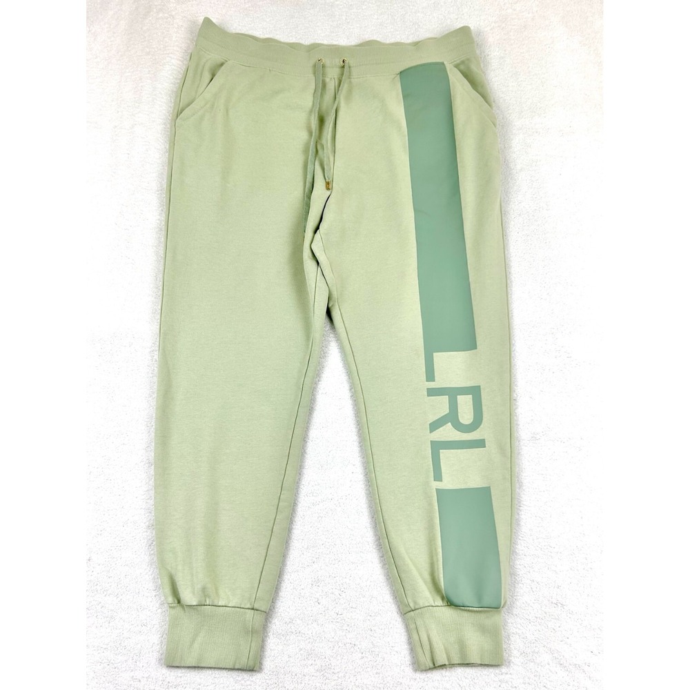 Lauren Ralph Lauren Track‎ Pants Women L Green Cotton Logo Tapered French Terry